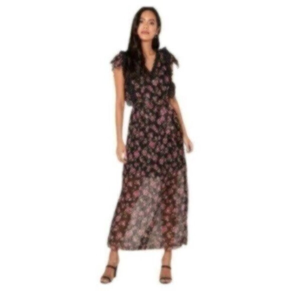 NWT Foxiedox Black & Pink Floral Sheer Maxi Cocktail Party Dress Small